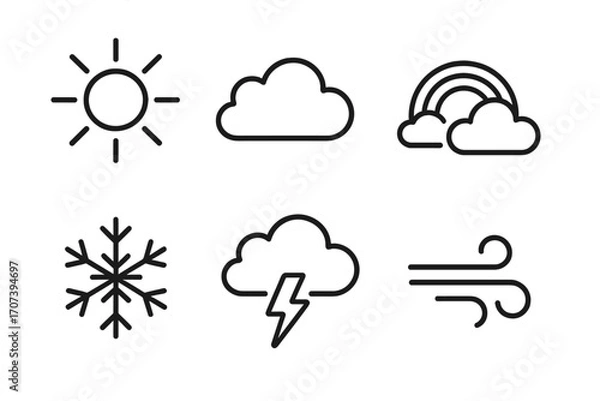 Fototapeta Weather icons set with sun, cloud, rainbow, snowflake, lightning, and wind in simple line art style, vector cartoon illustration, transparent background, ordered set design