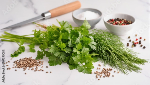 Fototapeta Fresh coriander and dill with spices, salt and knife on marble kitchen table for cooking preparation scene