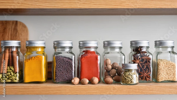 Fototapeta Various aromatic spices in glass jars with metal lids arranged on wooden shelf in kitchen interior for cooking and storage