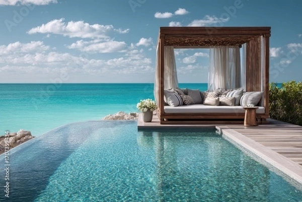 Fototapeta Luxury cabana by the infinity pool overlooking the turquoise oce