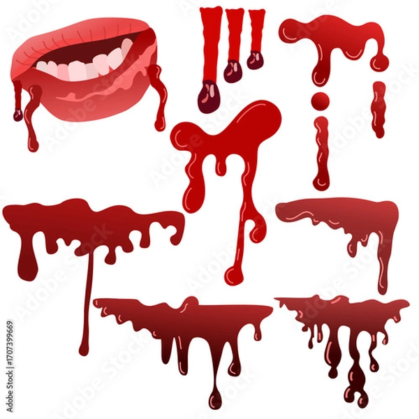 Obraz hand-drawn digital art illustration featuring Halloween-themed decorations with a haunting aesthetic. The artwork depicts a bloodstained mouth with dripping red drops, creating a gory yet creative com