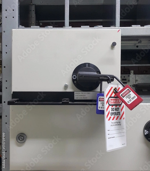 Obraz electrical part and accessories in the  control cabinet , control and power distributor,lockout ,tagout