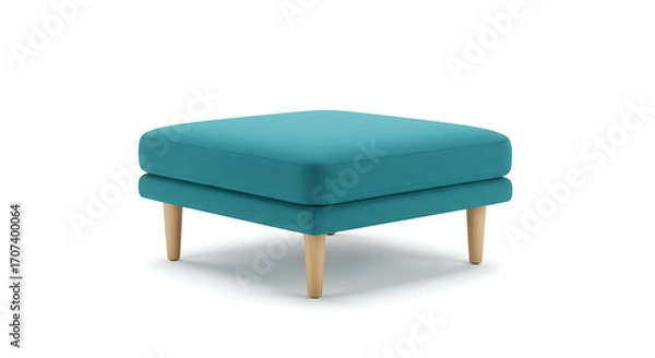 Obraz Clean, high-quality photograph of a contemporary square ottoman, highlighting its bright color and wooden legs against a seamless white background for online retail.
