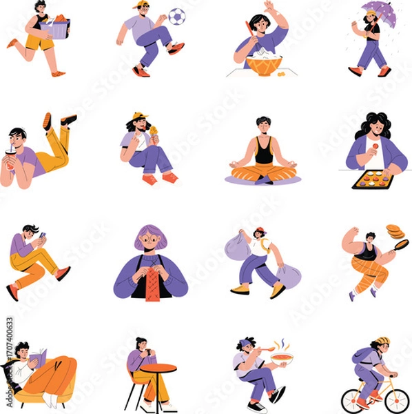 Fototapeta Collection of Daily Activities Flat Illustrations 