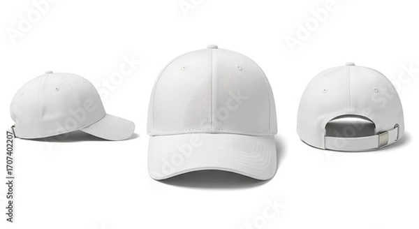 Fototapeta A clean, professional visual of a blank white baseball cap, captured from various angles for clothing and headwear advertising and product listings.