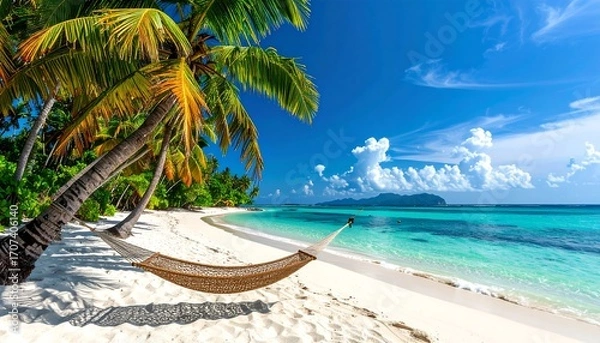 Fototapeta Tropical beach scene with a hammock