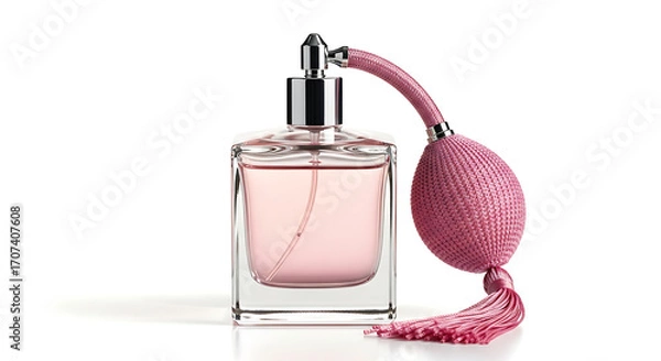 Fototapeta A vintage-style perfume bottle with a pink atomizer bulb, captured on a white studio background.