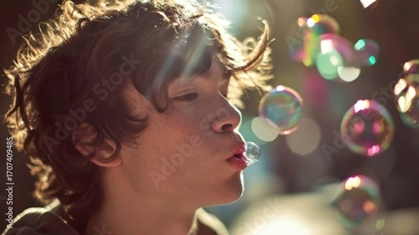 Fototapeta Man blowing bubbles with a pink bubblegum