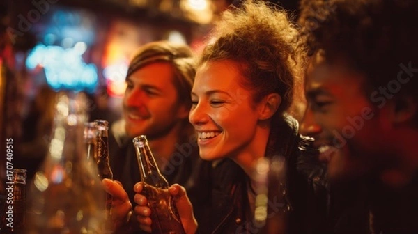 Fototapeta Group of people are sitting at a bar, smiling
