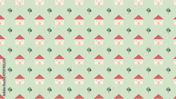 Obraz Red Roof House And Tree Pattern Background