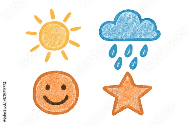 Obraz Cute charcoal doodle set of weather and mood icons. Hand drawn vector cartoon illustration. Sun, rainy cloud, smiley face and star symbols with crayon texture. Isolated.