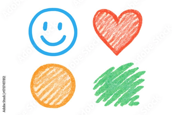 Fototapeta Hand-drawn crayon doodle set with smiley face, heart, and abstract shapes. Colorful charcoal pencil scribble texture. Vector illustration for kids design on transparent background.