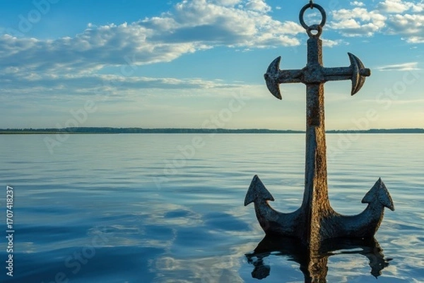 Fototapeta Weathered anchor stands proudly in calm waters under a vibrant sky
