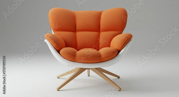 Fototapeta A bright orange, tufted armchair with a sleek white shell and light wooden legs, shot in a studio.