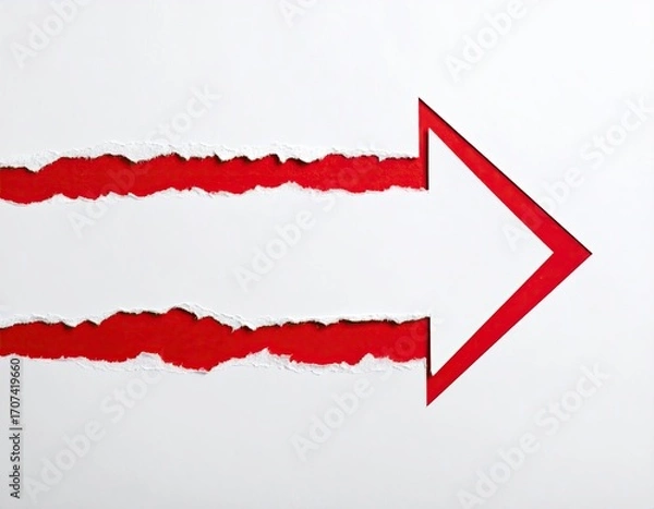 Obraz Red arrow cut-out through torn white paper
