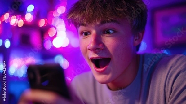 Fototapeta Young man is playing a video game and is excitedly looking at the screen