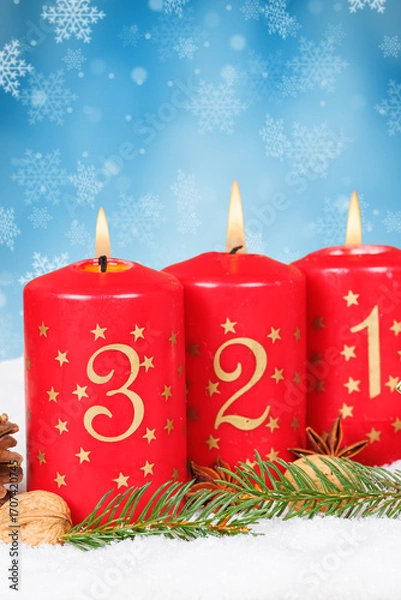 Fototapeta Third 3rd Sunday in advent with burning candle Christmas card time winter background with copyspace copy space