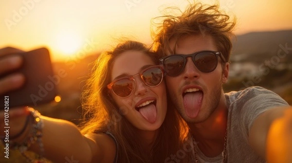 Fototapeta Couple is taking a selfie with a cell phone, with the man holding the phone