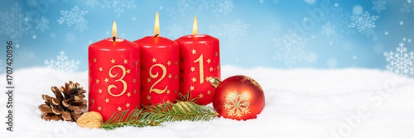 Fototapeta Third 3rd Sunday in advent with burning candle panorama Christmas card time winter background with copyspace copy space