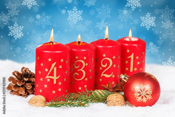 Fototapeta Fourth 4th Sunday in advent with burning candle Christmas card time winter background with copyspace copy space