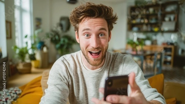Fototapeta Man is holding a cell phone and smiling