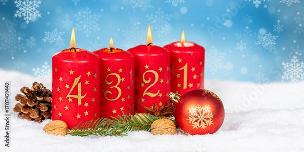Fototapeta Fourth 4th Sunday in advent with burning candle Christmas card time winter background with copyspace copy space panorama