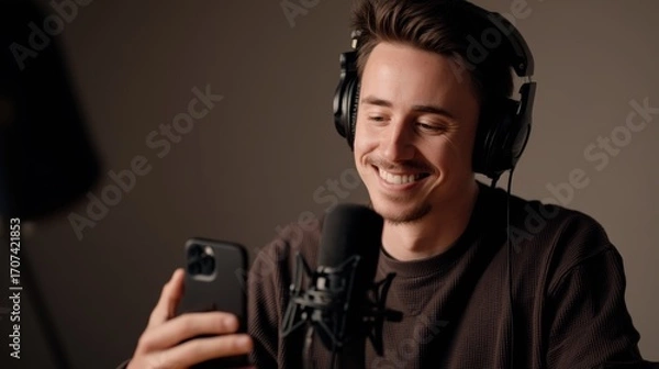 Fototapeta Man is smiling while holding a cell phone and wearing headphones