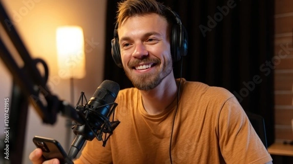 Fototapeta Man wearing headphones and smiling while holding a cell phone