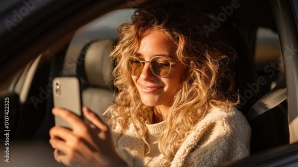 Fototapeta Woman is looking at her cell phone while sitting in a car