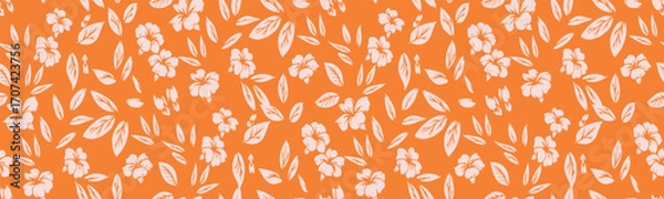 Fototapeta Seamless floral vector pattern with tropical hibiscus flowers and scattered leaves on a vibrant orange background. A minimalistic and stylish design for textiles, wallpapers, packaging, and branding