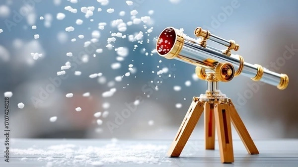Obraz Small telescope, snow,  winter wonderland.  Detailed view of a small telescope on a wooden tripod, with falling snow particles