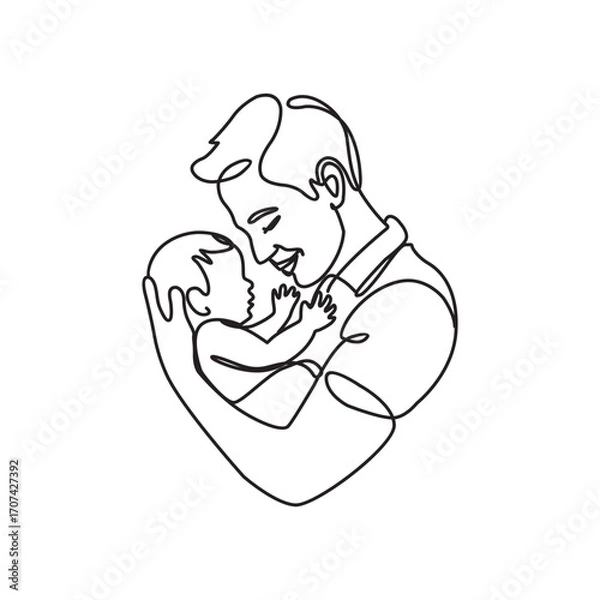 Obraz Happy Father's Day, Son or Daughter, inside of a Heart, costumes continuous line art drawing. Hero Father and child line art. Father's Day line art. Fatherhood concept line art.
