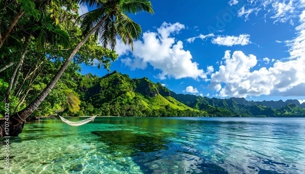 Fototapeta Tropical paradise with a hammock. Lush greenery, turquoise water, and a clear sky