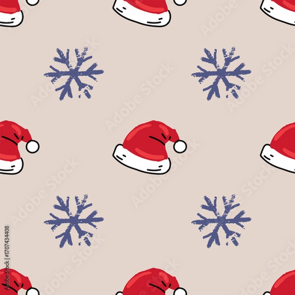 Fototapeta Festive seamless pattern with hand-drawn Santa Hats and textured snowflakes on a neutral beige background. Perfect for holiday wrapping paper, fabric design, greeting cards, or seasonal decor. 