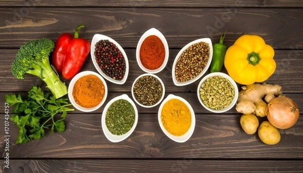 Fototapeta Spices and vegetables arranged on wood