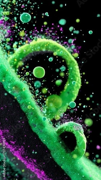 Obraz Swirling green and purple abstract design, bubbles, black background