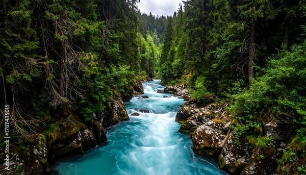Fototapeta Turquoise river flowing through lush forest (1)