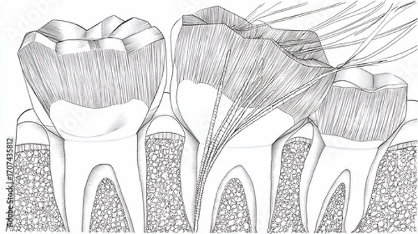 Obraz Teeth illustration with exposed roots and nerves in black and white coloring
