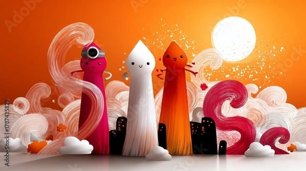 Obraz Three cute cartoon characters in a colorful dreamscape with sun and clouds