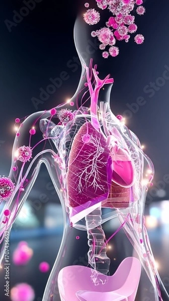 Obraz Transparent body model showing lungs, heart, and circulating disease particles