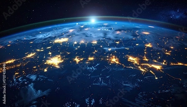 Fototapeta A breathtaking view of Earth at night, showcasing the global network of city lights against a backdrop of a starlit cosmos.