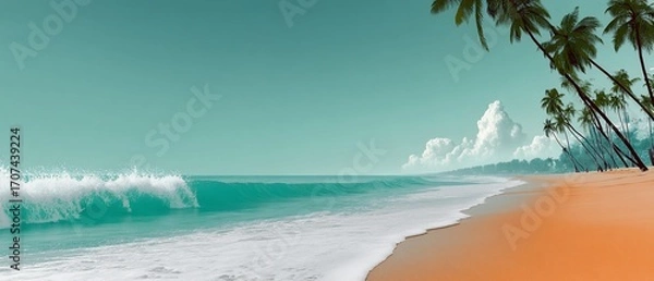 Obraz Tropical beach scene with turquoise water, white waves, palm trees, and sandy shore