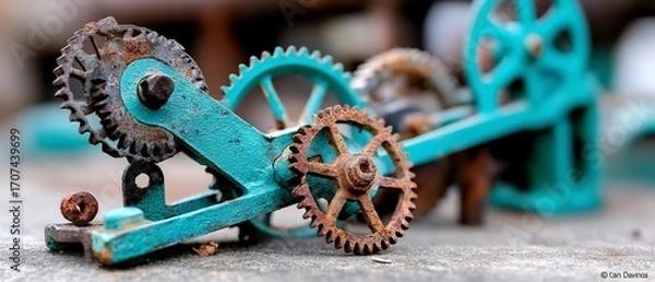 Obraz Turquoise gears and rusted cogs, aged mechanism parts on grey surface