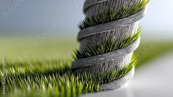 Obraz Twisted wooden post entwined with bright green grass in a blurred, bright landscape