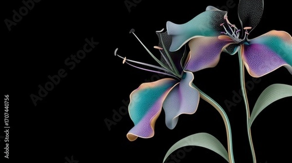 Obraz Two iridescent flowers with slender stems and leaves against a dark background
