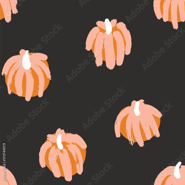 Fototapeta Cute hand painted pumpkins creating a minimal Halloween scene in colors of cream, off white and orange on black background. Holiday seamless vector pattern. Great for home decor, fabric, wallpaper.