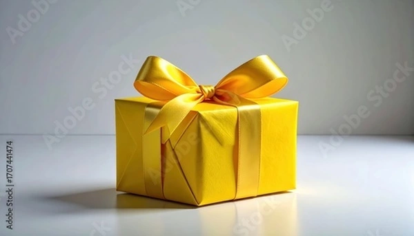 Fototapeta A vibrant yellow gift box, adorned with a golden ribbon bow, sits on a white surface against a neutral backdrop.