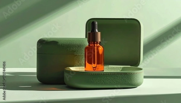 Fototapeta A presentation of a bottle of amber liquid nestled within a set of green, textured boxes.