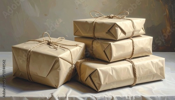 Fototapeta A still life arrangement of several packages wrapped in light beige paper and tied with twine.  The packages are stacked in a gentle composition, casting soft shadows on a white surface.