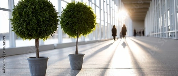 Obraz Two topiary trees in pots with sunlight and people walking down a bright corridor